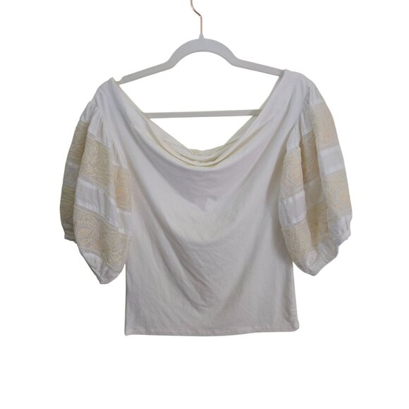 Free People NWT Rock With It Embroidered Knit Blouse Ivory Puff Sleeve Size S - Picture 2 of 11